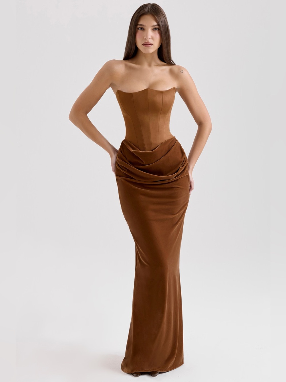 House of CB Strapless Brown Draped Corset Gown